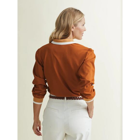 A. Putnam Long Sleeve Polo Golf Shirt in Terra Orange Brown Stripe Trim M - Picture 9 of 14
